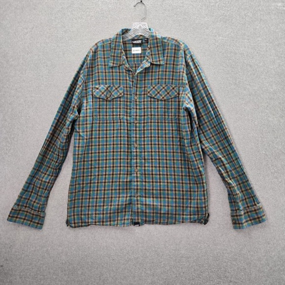 Vans Men Button Up Shirt XL Green Blue Tan Black Plaid Western Work